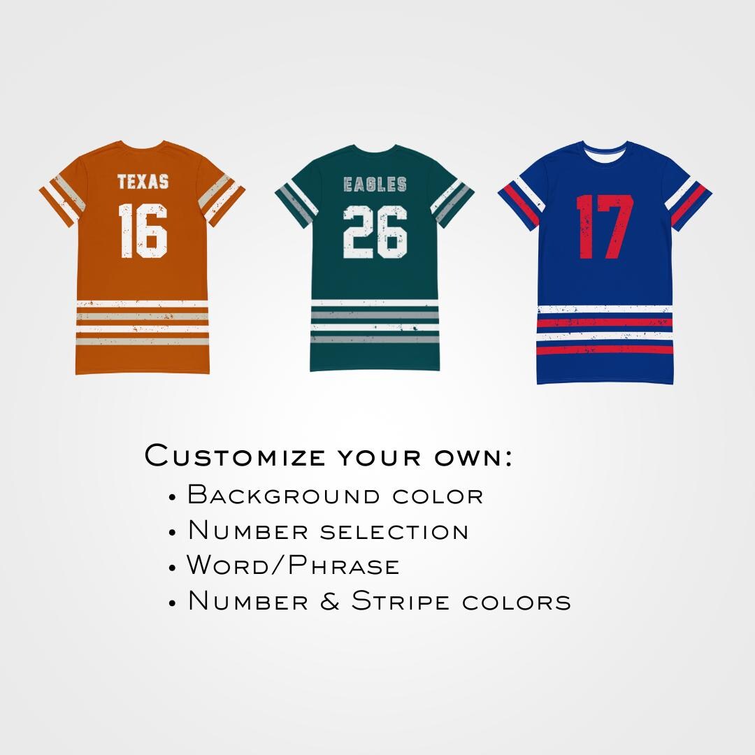 Custom Football Jersey T-Shirt Dress – Personalized Name & Number, Game Day Outfit, Oversized Sports Dress, Tailgate Apparel, Fan Gift