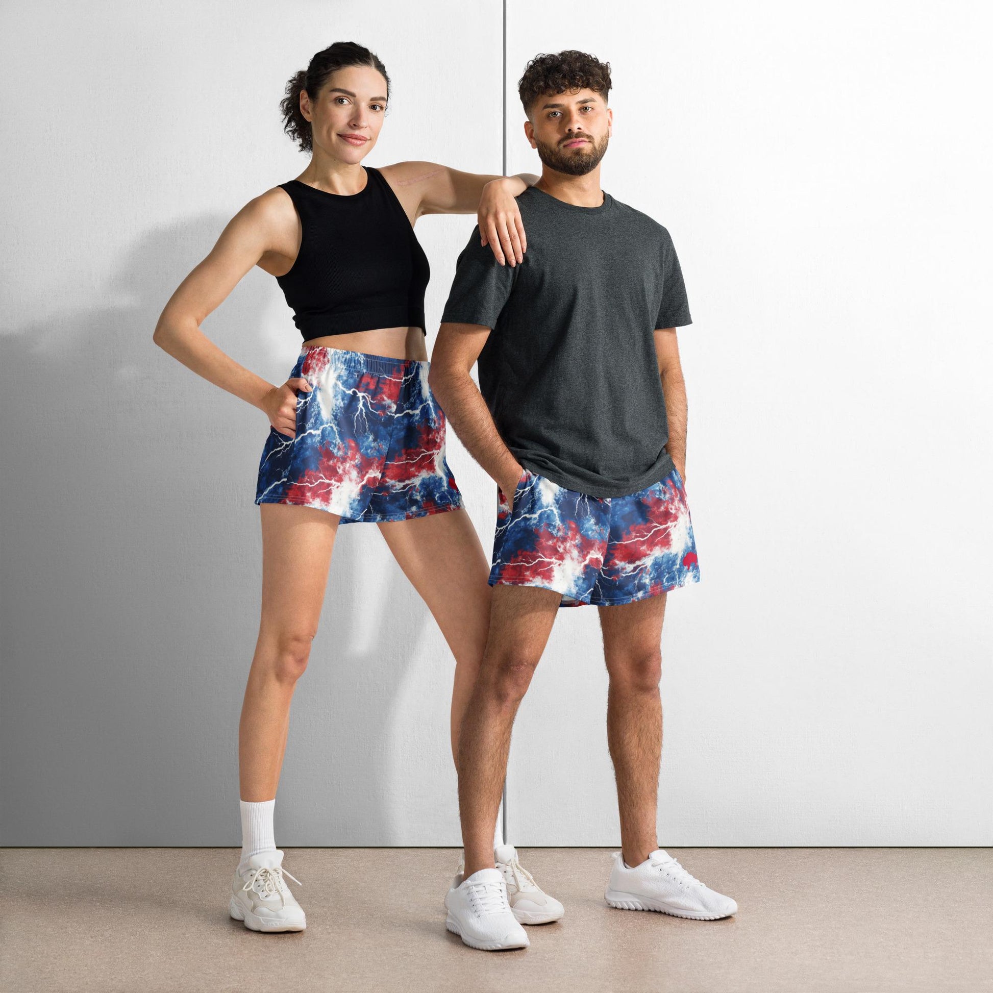 Buffalo Tie Dye Lightning Red White and Blue All-Over Print Unisex Athletic Shorts